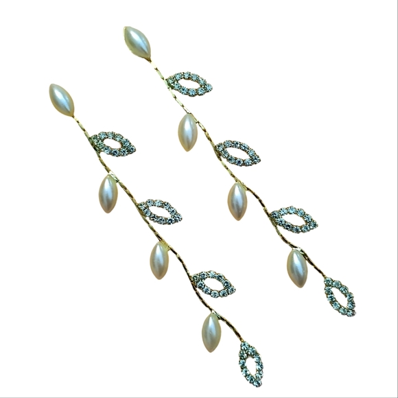 Vine Leaves Rhinestone Pave Crystal Pearl Gold Leaf Earrings Bridal Long Bride - Picture 6 of 6